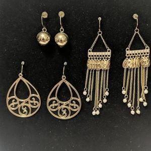 3x Gold Earrings Drop, Dangle, Intricate Detail